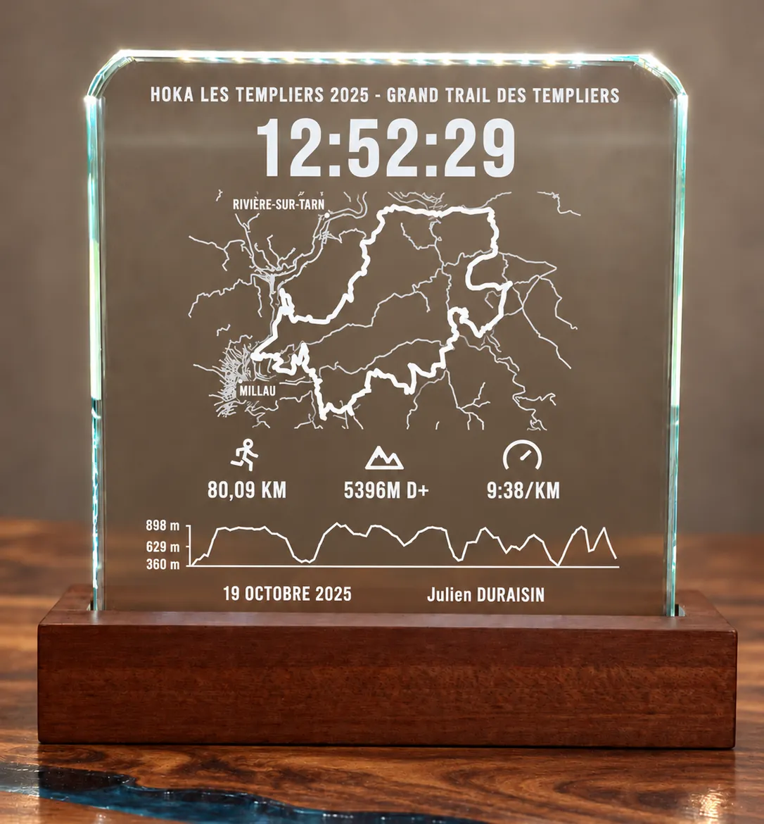 Le Classique allumé sur son socle : tracé du Grand Trail des Templiers, chrono, statistiques et profil gravés